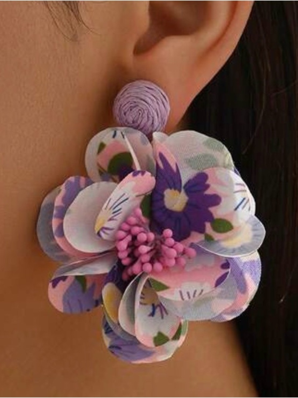 Floral Fabric Statement Earrings in Lilac and Pink